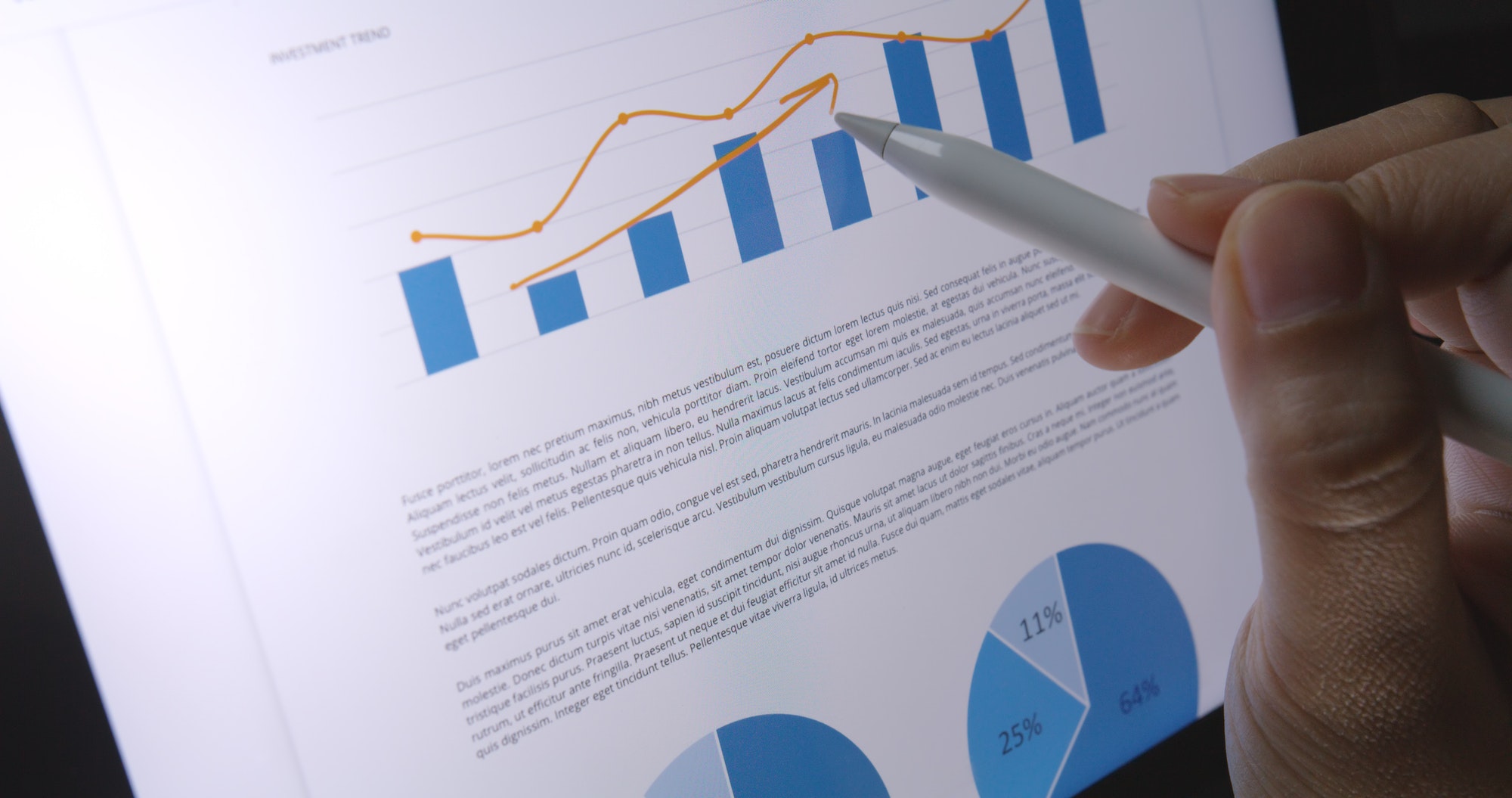 Close-up hand use pen write check growth data number on touch screen